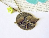 Love Birds. Antiqued Brass Necklace.