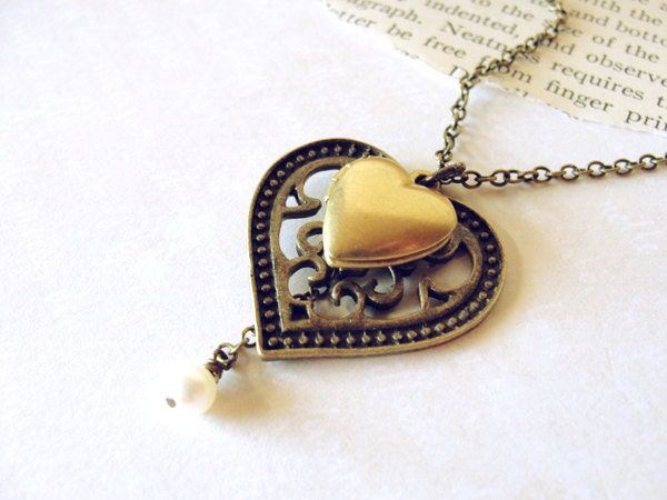 Antiqued Brass and Vintage Heart Locket Necklace.