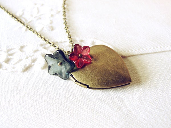 Sweet September. Antique Brass Heart Locket Necklace.