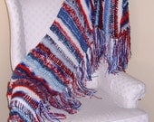 American Flag, Patriotic Shawl, Scarf Red White Blue, Freeform Crochet, Throw Blanket Piano Afghan, Home Decor, Photo Prop