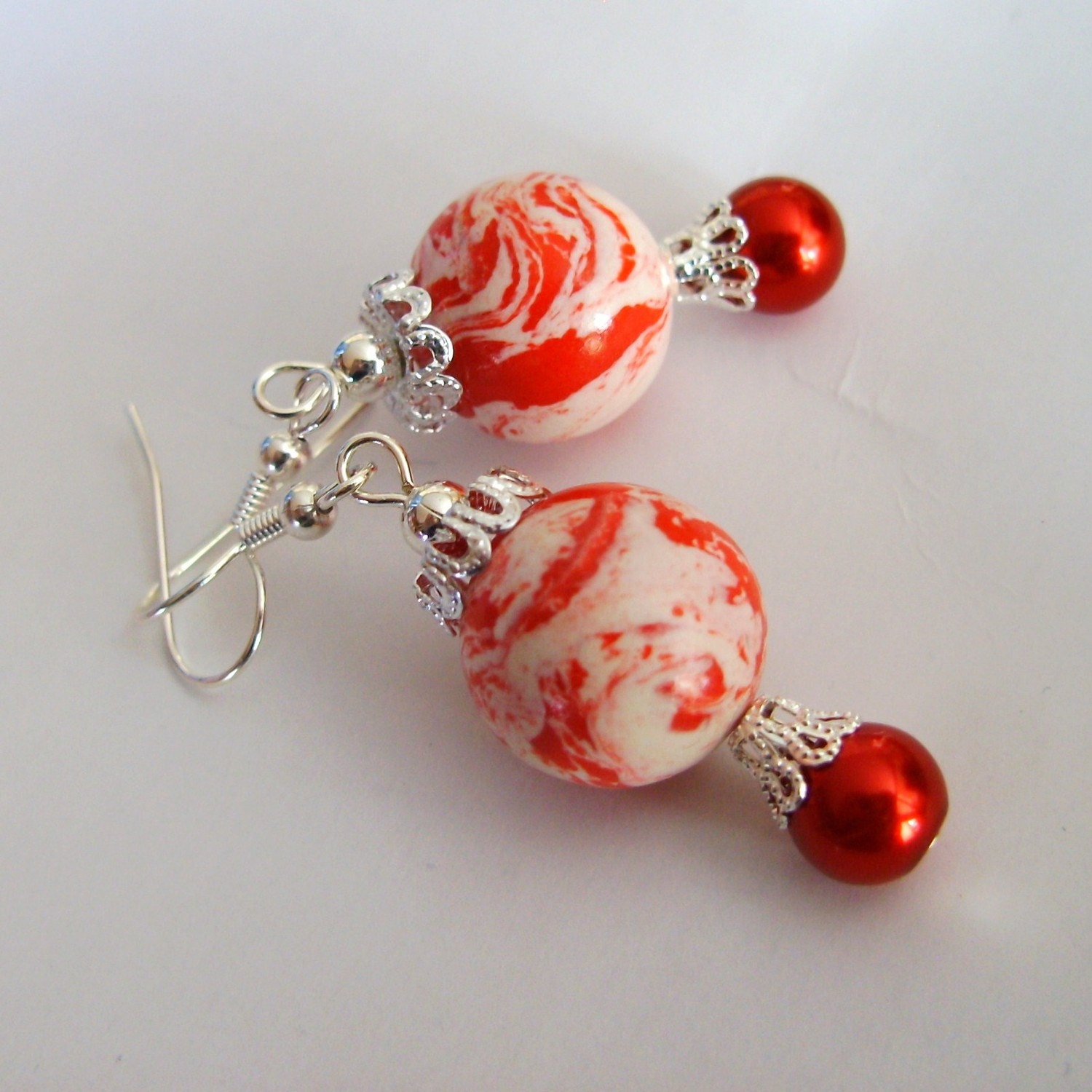 Earrings Red White, Fresh Peppermint Candy Cane, silver polymer glass beaded