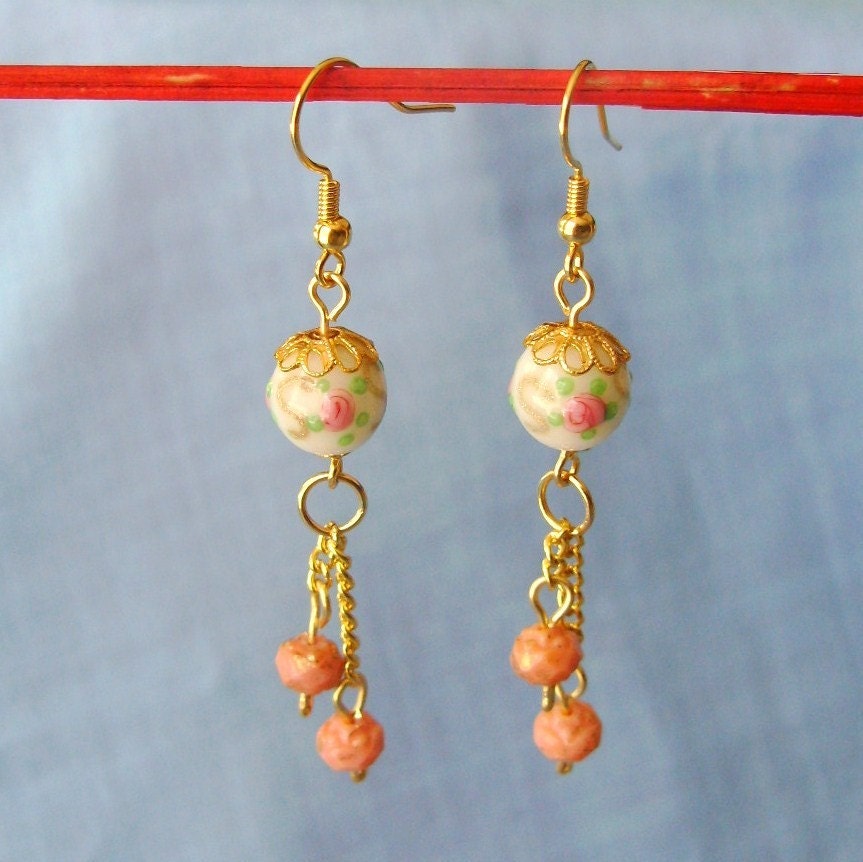 Earrings Glass Roses, Upcycled Vintage Lampwork  Beads, Shabby Chic