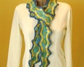 Scarf Crochet Kaleidoscope, Green Blue Yellow, French flavored, Lightweight Skinny