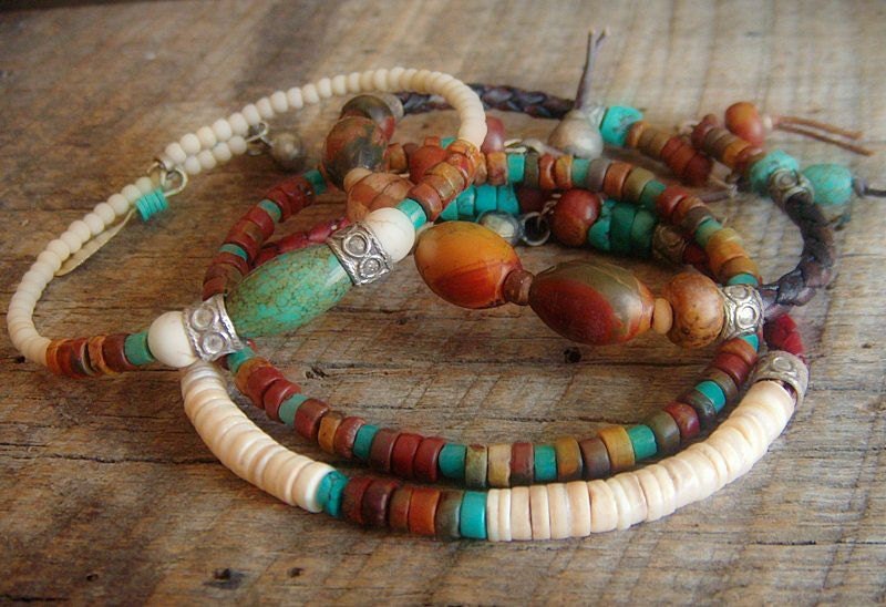 Red Canyon Jasper,Turquoise, Howlite and Leather Beaded Bangle Set