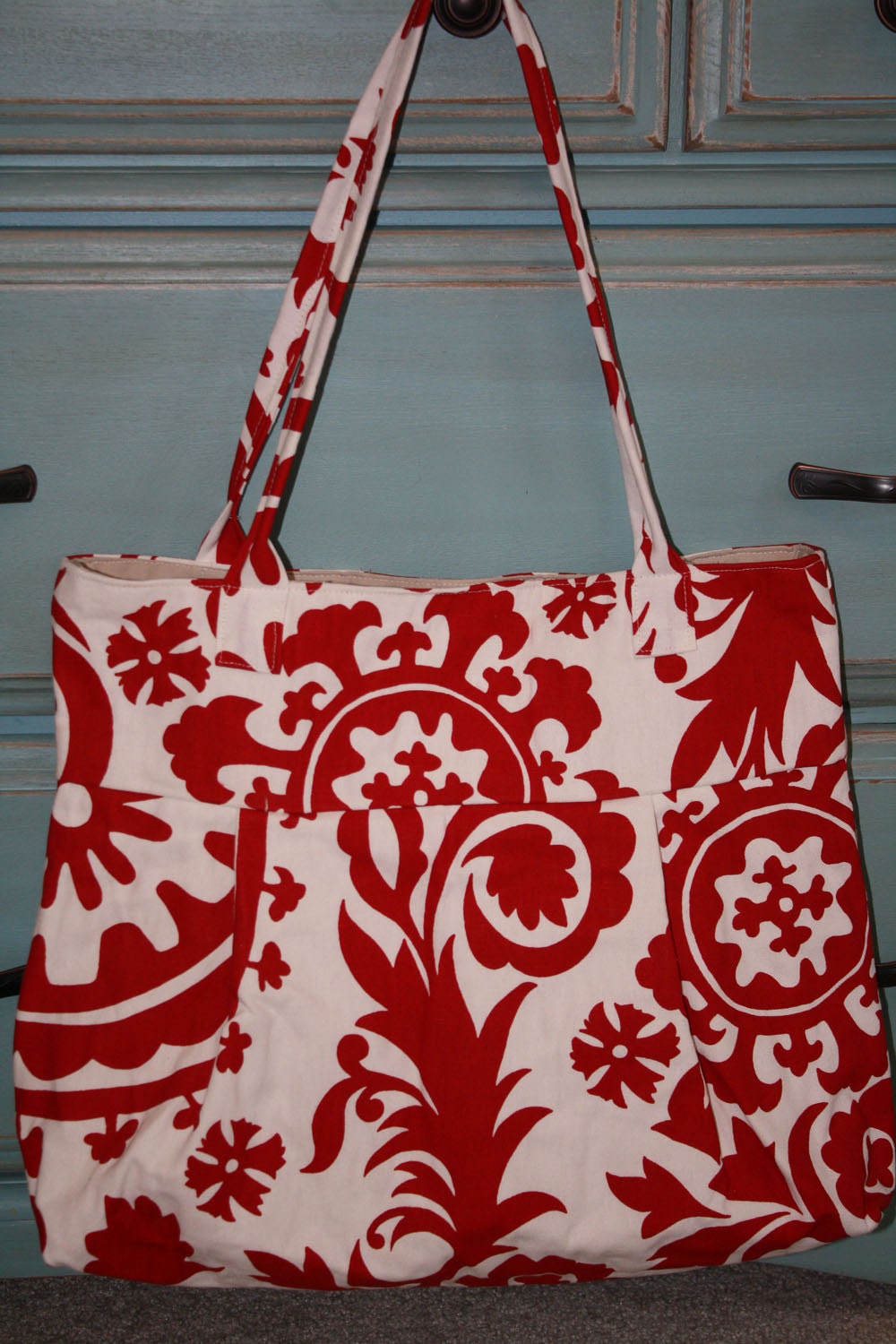red and white damask tote