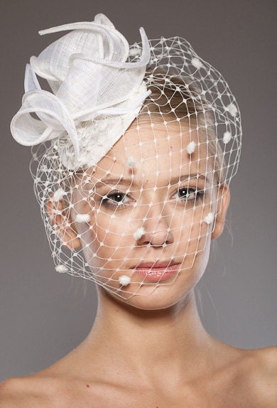 Free-Shipping-Bridal-Cocktail-Hat-Off-White-Fascinator-Head-Piece-Summer-Wedding-Handmade-Comb-Spotted-Birdcage-Veil-French-Veiling