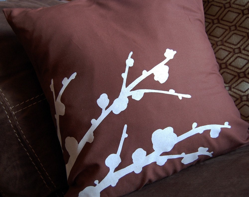 LIMITED- Cherry Blossoms 16 Inch Square Pillow Slip Cover in Brown