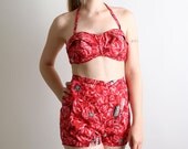 Vintage 1950s Bikini Bathing Suit Pin Up Clothing Tiki Hawaiian Vacation Fashion Beach Betty Anthurium