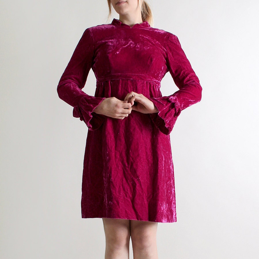 Vintage 1960s Velvet Dress - Emma Domb Plum Purple Twiggy Dress - Small Sweetheart