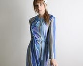 1970s Vintage Dress Ocean Blue Striped Bubble Long Sleeve in Lavender - Medium