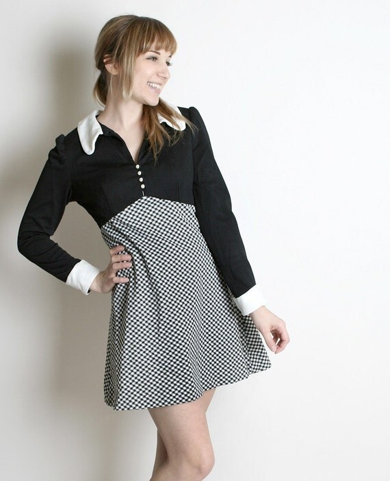 RESERVED - Wednesday Addams Dress Vintage Black White Checkered Mini Dolly 1970s Medium