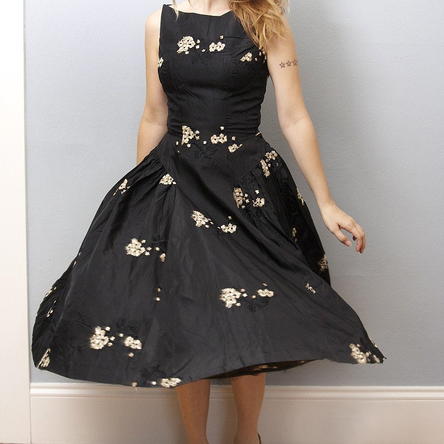 Stunning 1950s Black Cocktail Dress with Light Brown Flowers