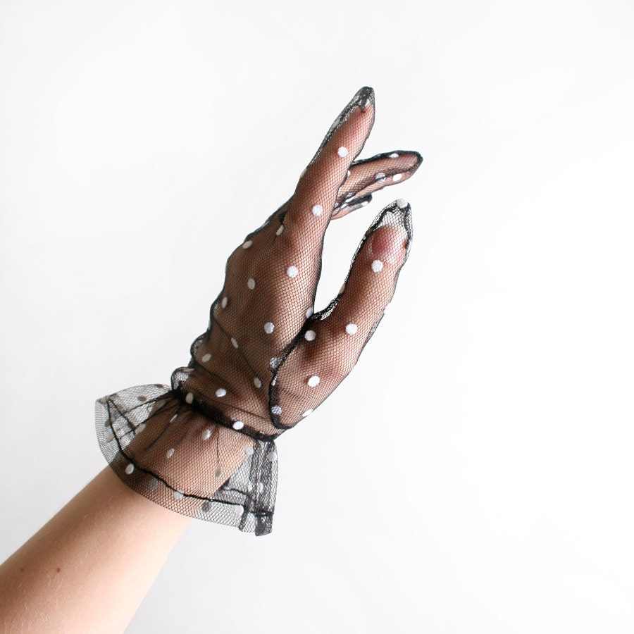 Vintage Polka Dot Gloves - Sheer Black and White - Medium