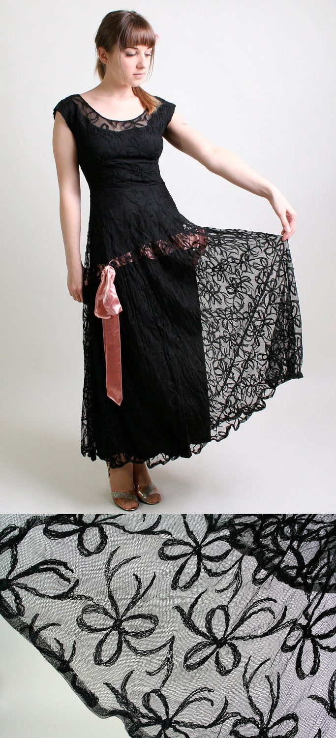 RESERVED - Vintage Lace Dress - Black 1930s Illusion Ribbon Bow Prom Gown - Small to Medium Homecoming Queen