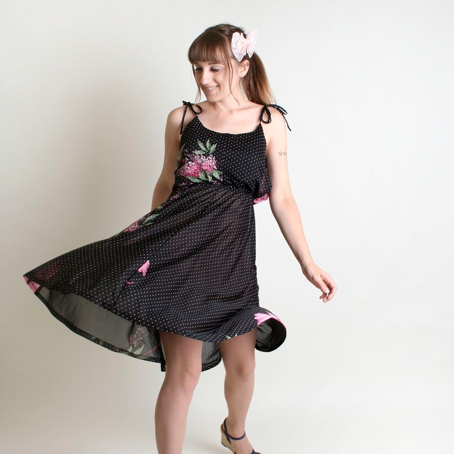 1970s Vintage Summer Dress - Black Flower and Polka Dot Flirty Dress - Small to Medium christmasinjuly cij sale