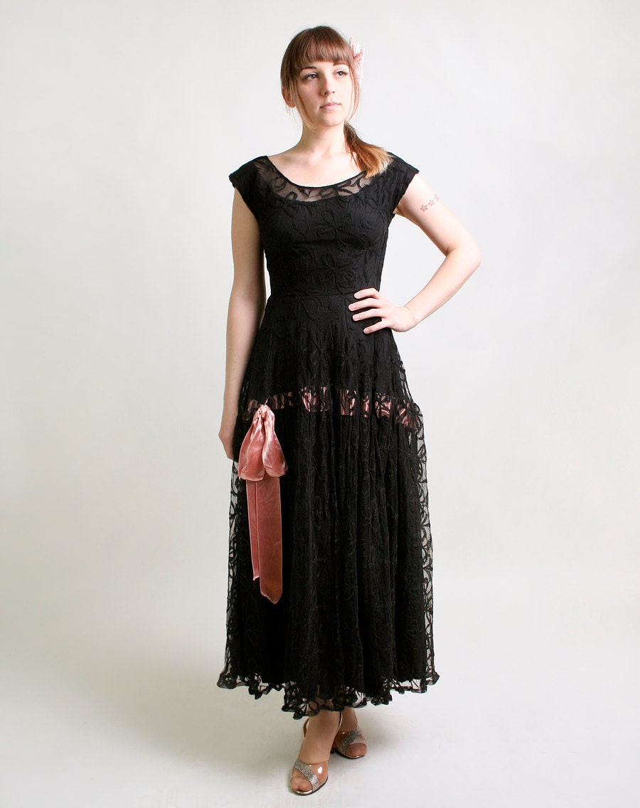 RESERVED - Vintage Lace Dress - Black 1930s Illusion Ribbon Bow Prom Gown - Small to Medium Homecoming Queen