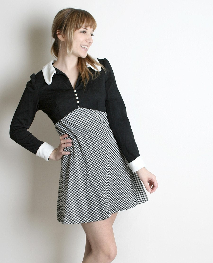 RESERVED - Wednesday Addams Dress Vintage Black White Checkered Mini Dolly 1970s Medium