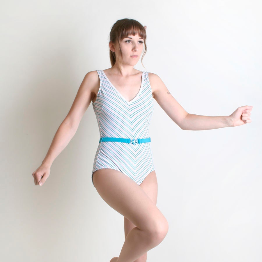 Vintage Dance Leotard - 1980s Workout Chevron Striped Leotard by Jantzen - Small to Medium christmasinjuly cij sale