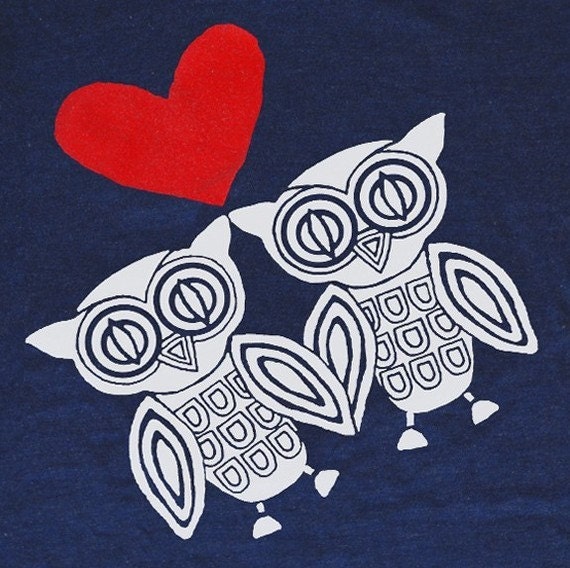 Owl Love T-shirt Womens Girls Scoop Neck Baby Doll Tee Shirt Woodland Forest Birds Owls Red Heart Adorable Cute Tri Indigo Tshirt
