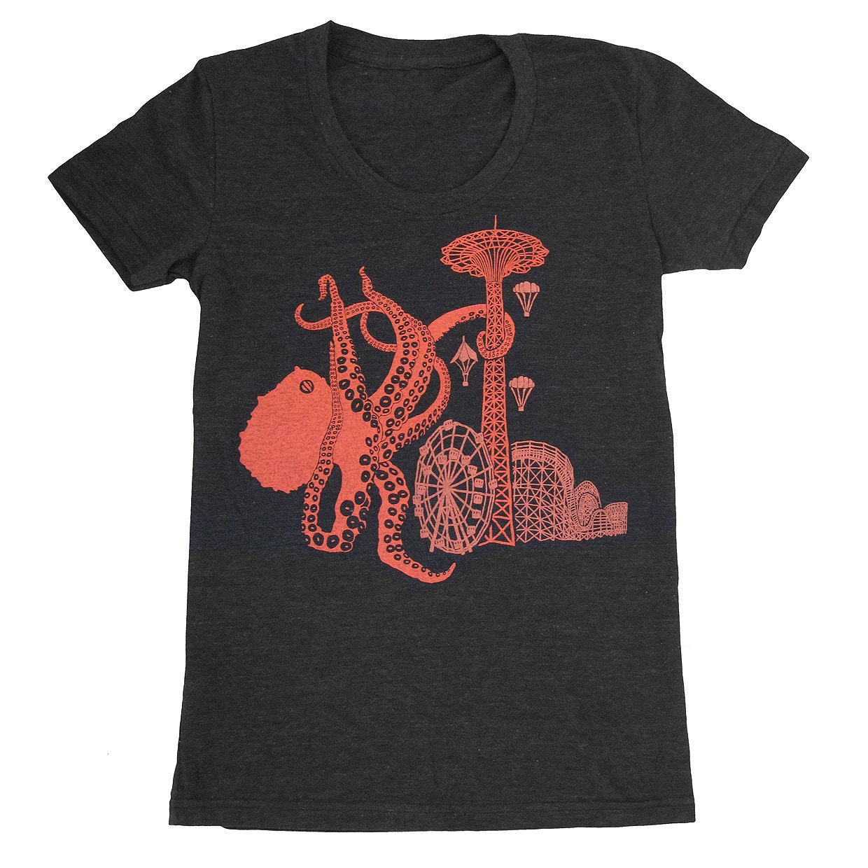 Octopus - Womens T-shirt Girls Tee Shirt Red Coney Island Amusement Park Rollercoaster Sci-Fi Retro Monster Squid Black Charcoal Tshirt