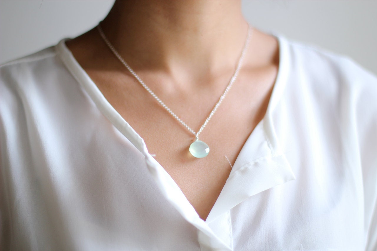 Mint Chalcedony Briolette Minimalist Silver Necklace - Sterling Silver Chain