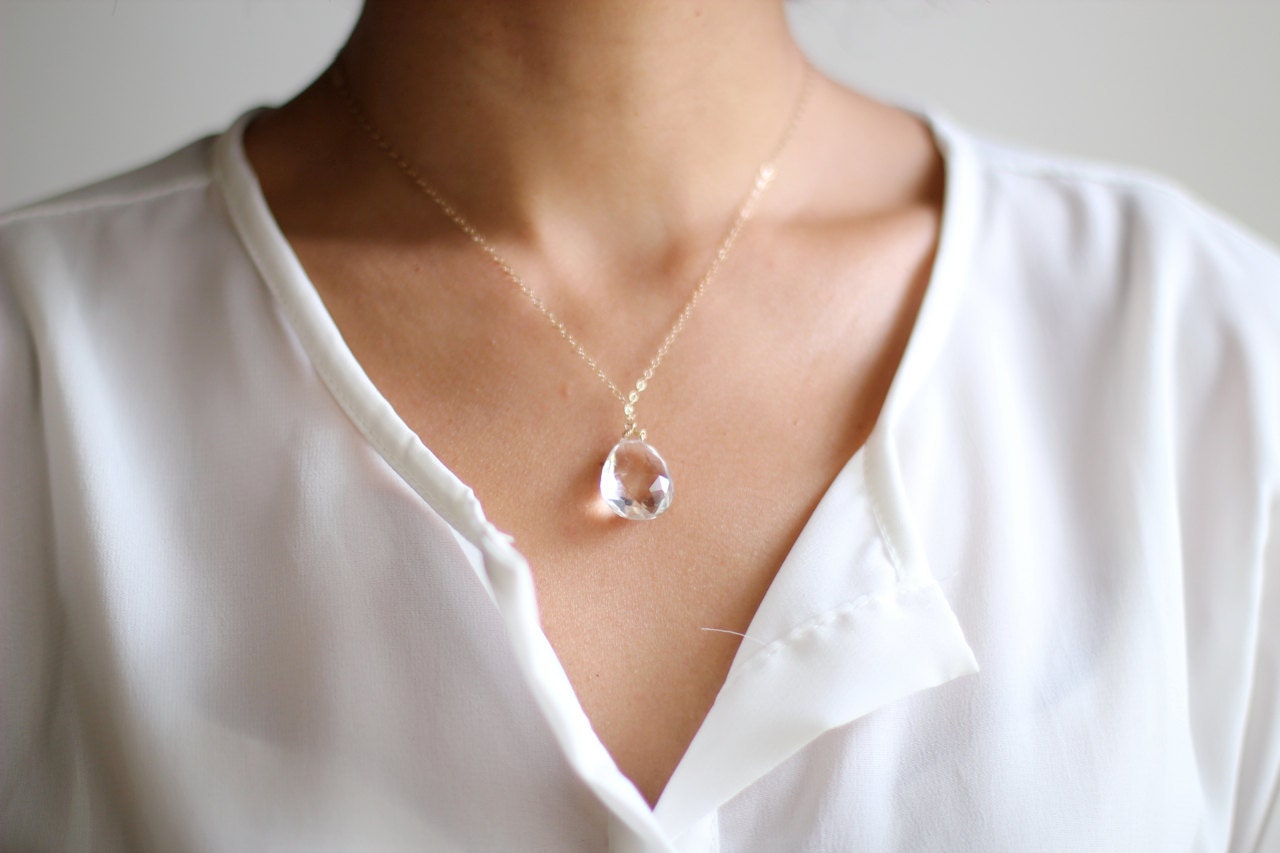 Crystal Quartz Teardrop Minimalist Gold Necklace - 14K Gold Filled Chain