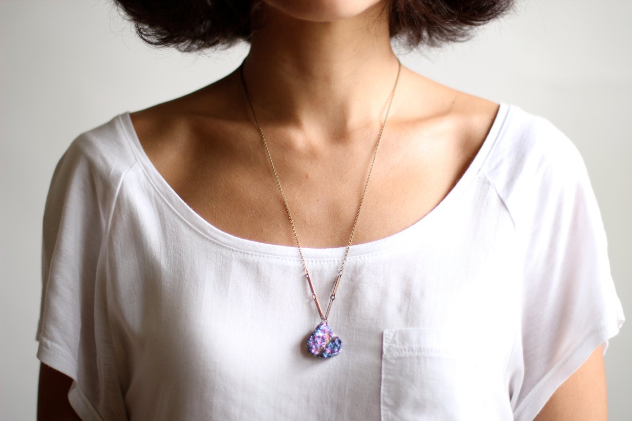 Purple Peacock Blue Druzy Quartz Necklace - Antiqued Brass Chain