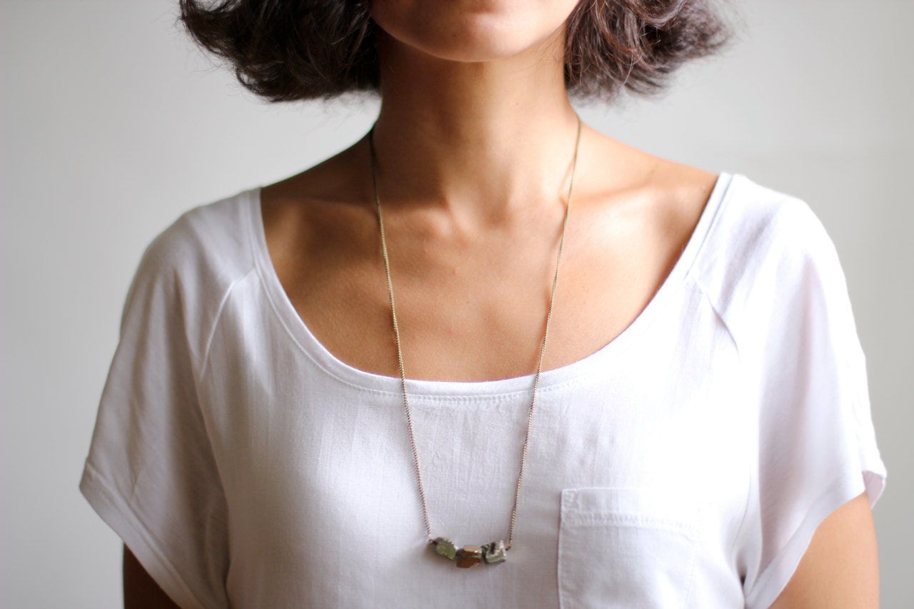 Geometric Square Pyrite Necklace - Antiqued Brass Chain