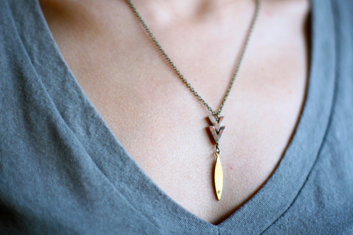 Tribal Chevron Arrow Necklace - Vintage Jasper Stone - Vintage Oxidized Brass Chain