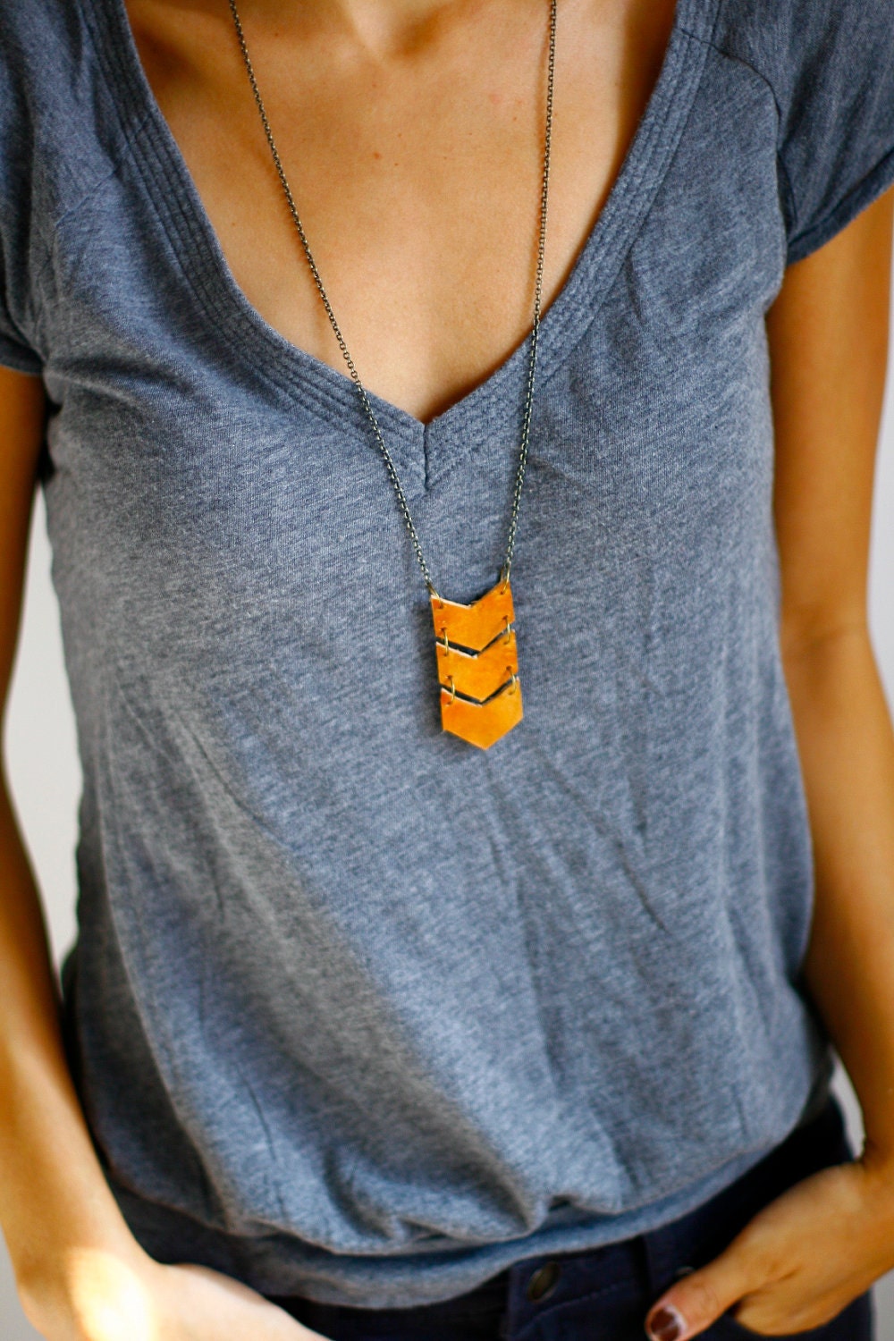 Geometric Leather Tan Triple Chevron Necklace - Antiqued Brass Chain