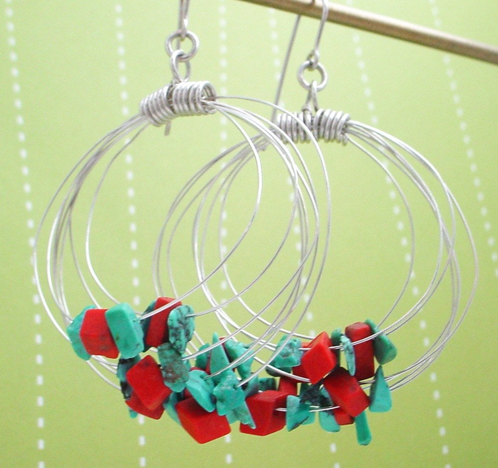Turquoise and Cinnabar Silver Orbit Earrings