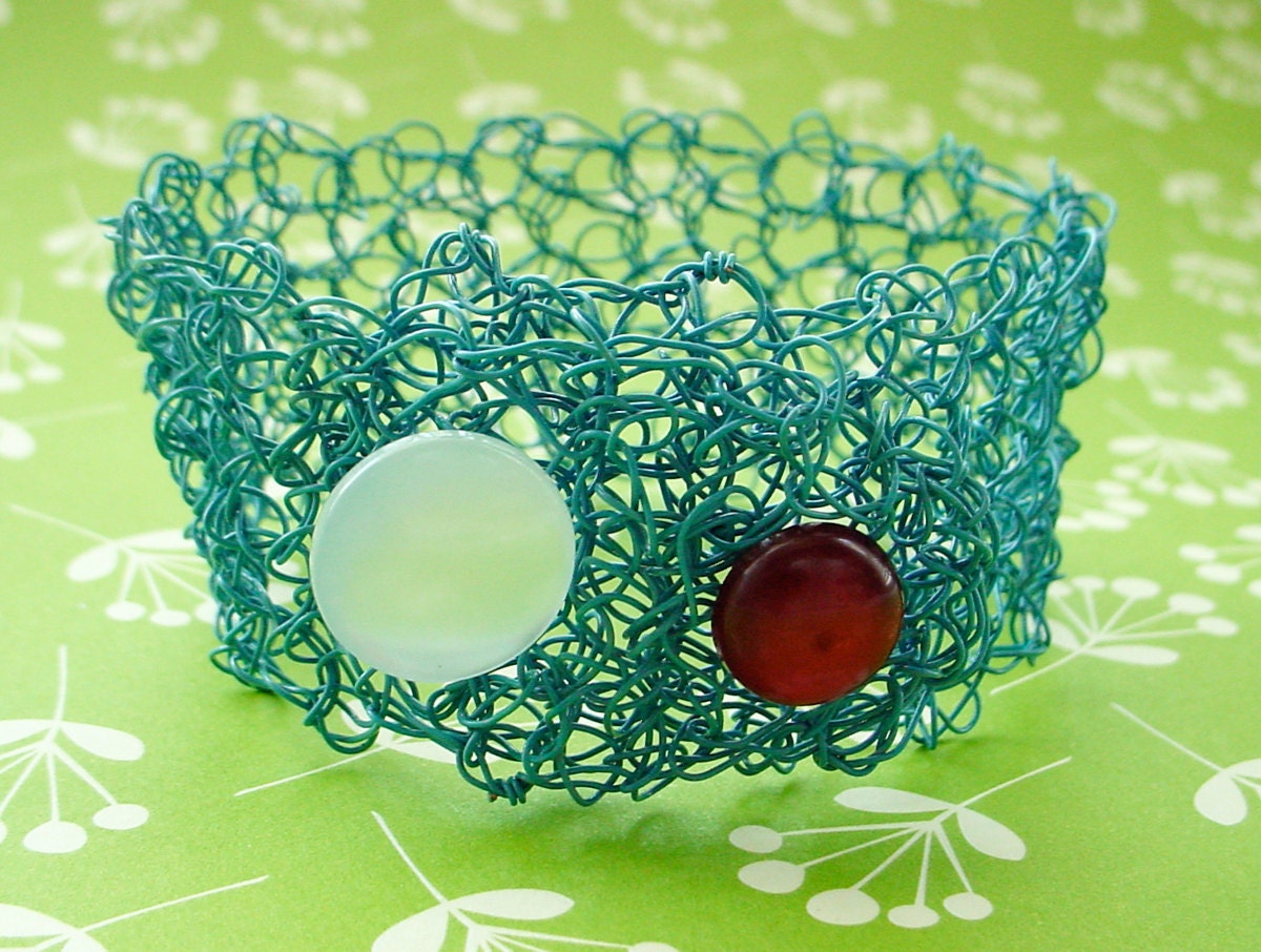 Baby Blue Wire Cuff with Vintage Buttons