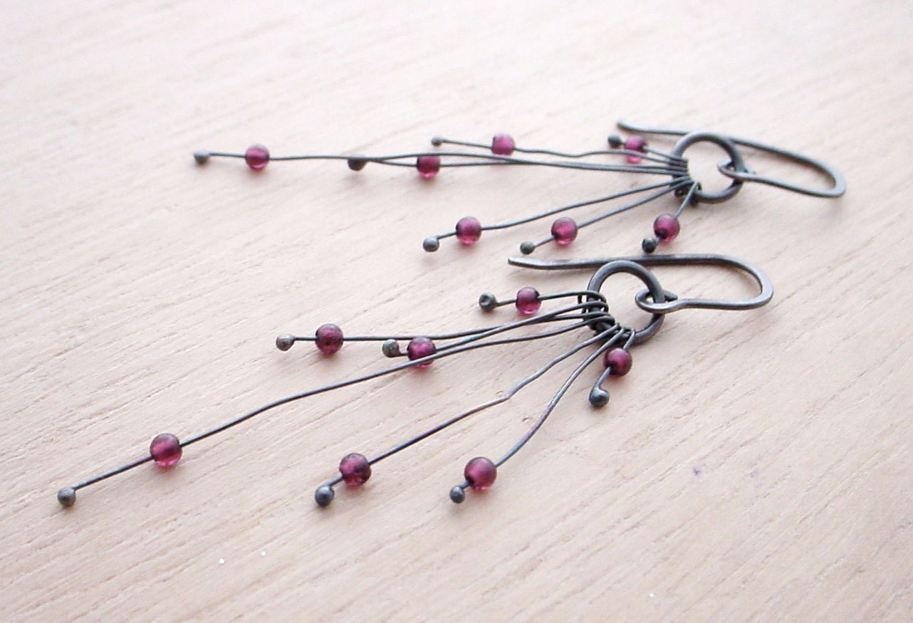 Garnet on Oxidized Silver Organic Earrings