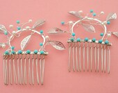 Bridal Combs, Leaf & Gemstone on Silver - Customizable