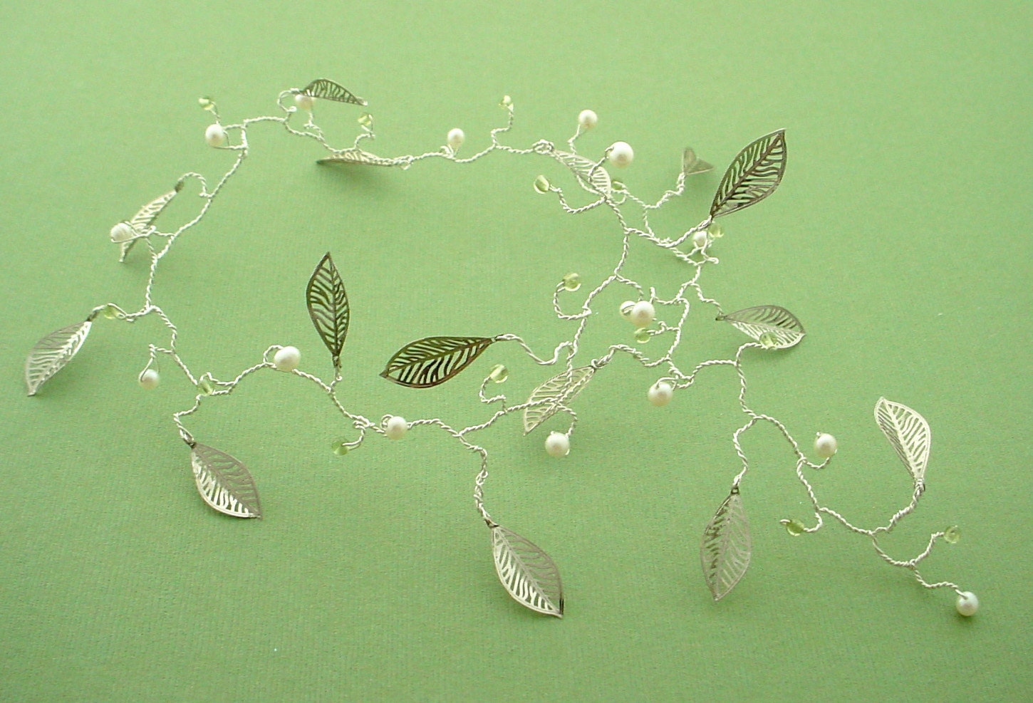 Bridal Hair Vine, Pearl, Leaf & Gemstone Choice on Silver - merrittgade