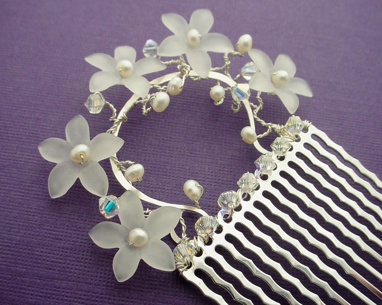 Bridal Hair Comb, Pearls & Flowers on Silver - merrittgade