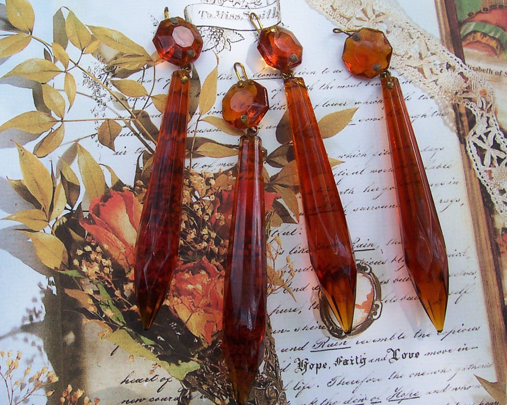 Vintage Amber Chandelier Icicle Prisms ... Faceted Crystal Drops