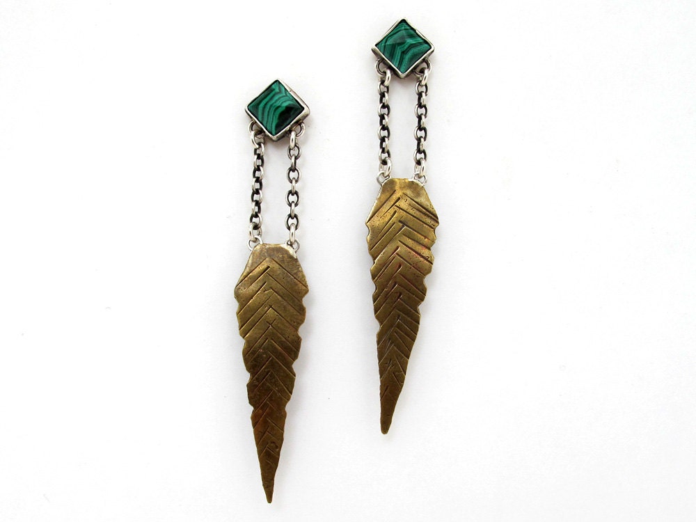 Malachite feather earrings