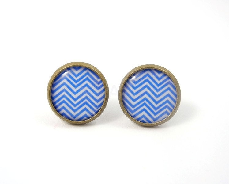 Blue Chevron Earring Posts - Blue and White Earring Studs - Geometric Jewelry