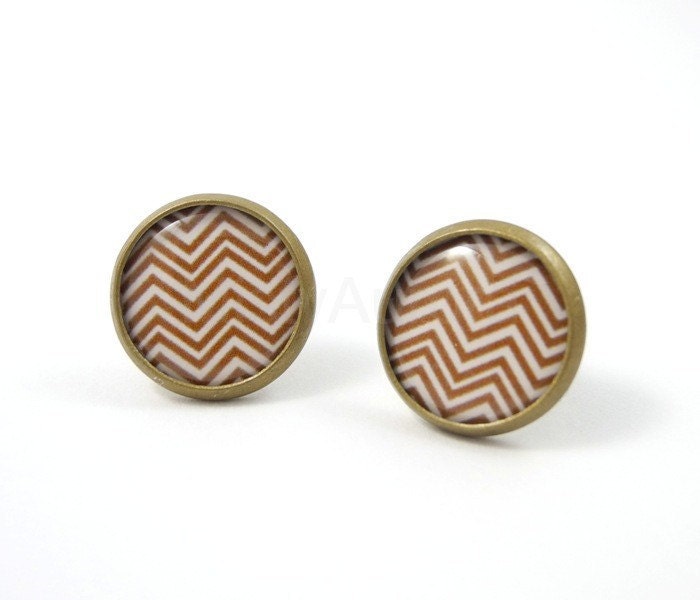 Brown Chevron Earring Posts - Chevron Stud Earrings - Brown and White Earrings - Chocolate Brown - Geometric Jewelry