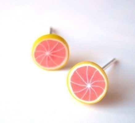Grapefruit Earring Studs - Pastel Jewelry - Fruit Earring Posts - Pink Yellow Earrings - Fruit Jewelry