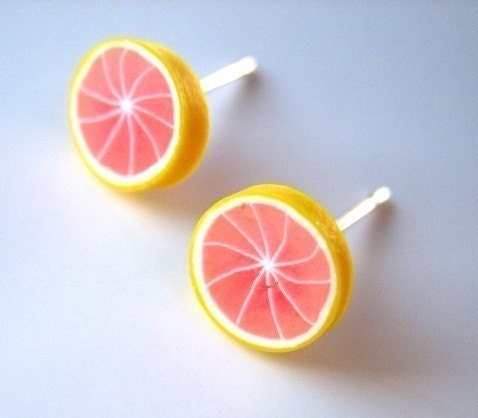 Grapefruit Earring Studs - Pastel Jewelry - Fruit Earring Posts - Pink Yellow Earrings - Fruit Jewelry