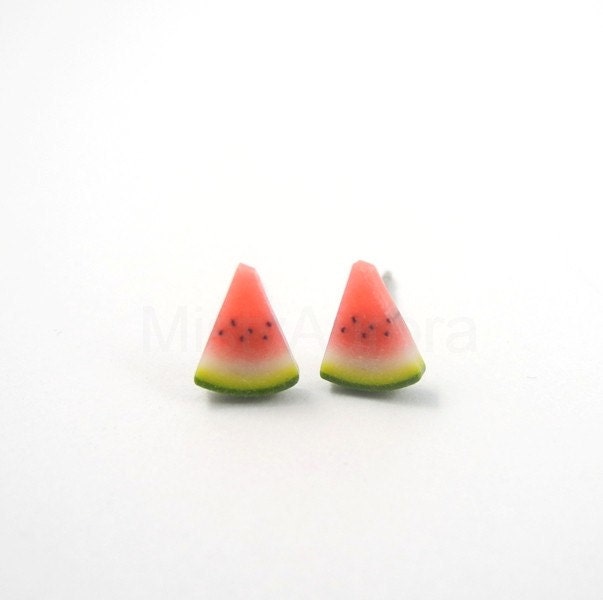Watermelon Stud Earrings - Fruit Earring Posts - Red Green Earrings - Fruit Jewelry