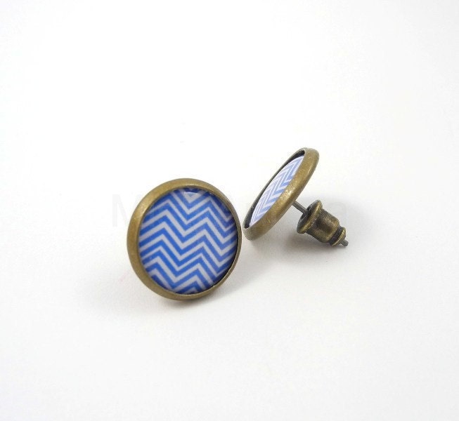 Blue Chevron Earring Posts - Blue and White Stud Earrings - Geometric Jewelry