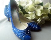 Wedding Shoes Ice Queen Pearls painted low heel  peep toes Sapphire