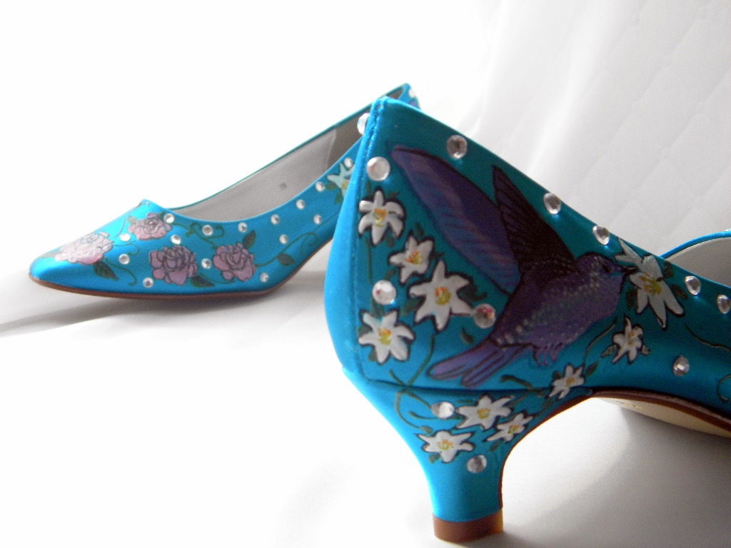 Wedding Shoes turquoise pumps roses and hummingbird vegan