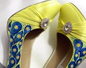 Wedding Shoes pale yellow high heels sexy peacock crystals grey soles