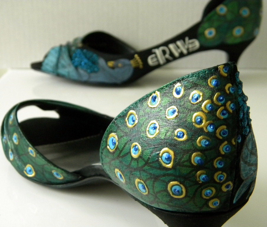 Wedding Shoes Peacock painted art deco Black 1920