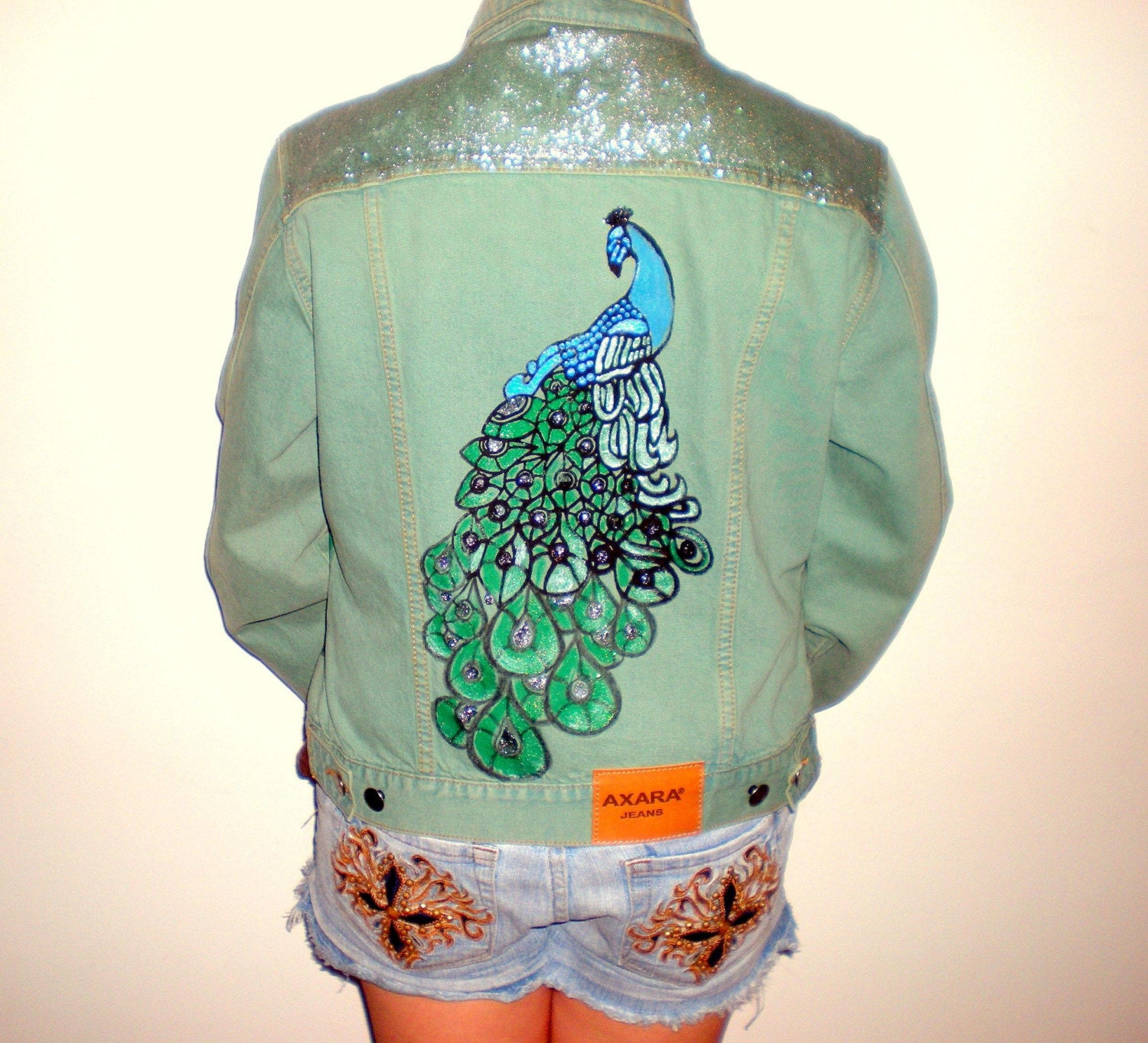 Peacock  Hand Painted on a green denim Jacket FREE SHIPPING USA
