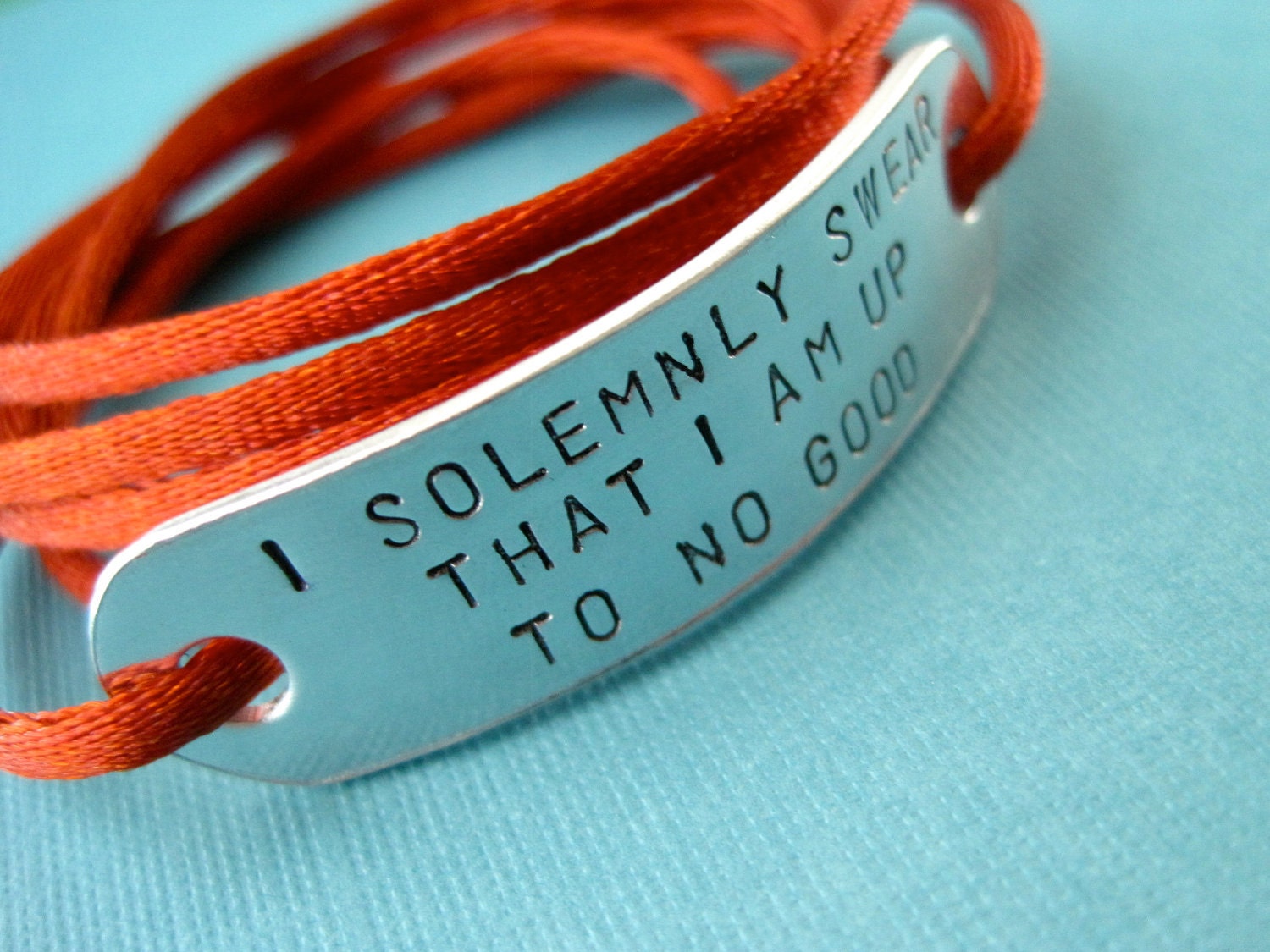 Harry Potter inspired Bracelet - I solemnly swear that I am up to no good - Handstamped Wrap bracelet, Stamped Aluminum, Cord Color Option